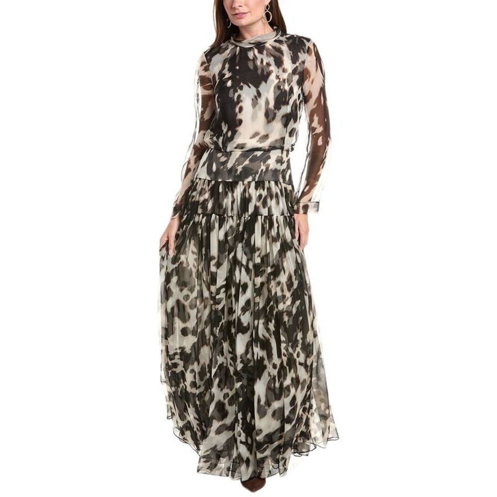 Oscar De La Renta Womens Tie-Neck Cow Print Silk Maxi Dress, Beige